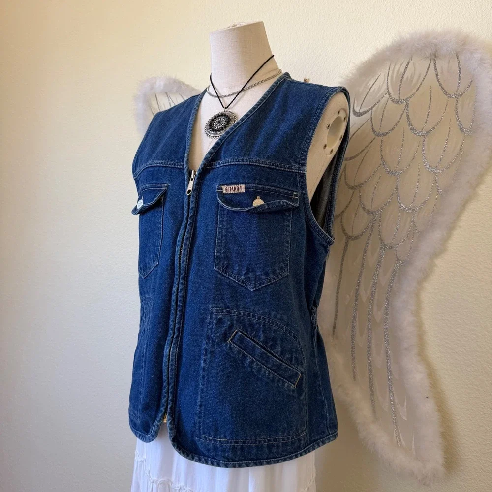 90s Vintage Blue Denim Zip Up Vest Utility Pockets Cotton Safari Y2K V‎ Neck